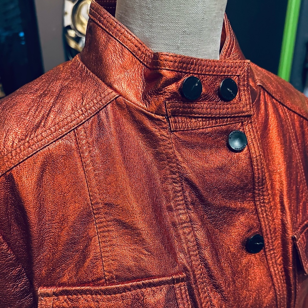 Burberry London Metallic Burnt Orange Copper Cropped Goat Leather Jacket - Picture 8 of 11